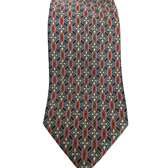 Brioni Mens Silk Blue Red Geometric Pattern Necktie Handmade Italy Quiet Luxury